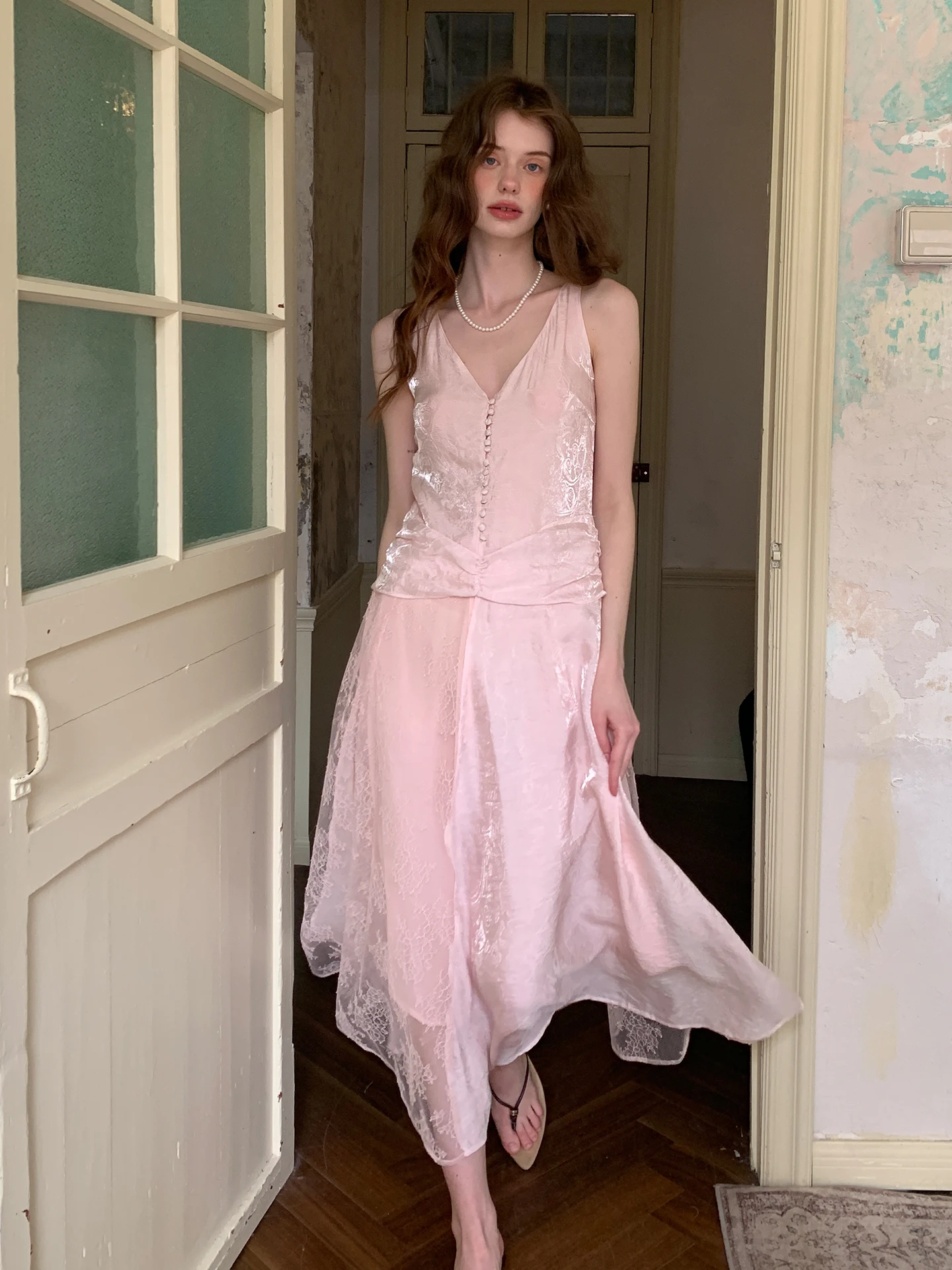 

Spring Summer New Style Thin Lace Vest Dress Women's Original Design Long Skirt French Style mid High Waist Soft Silk Dress