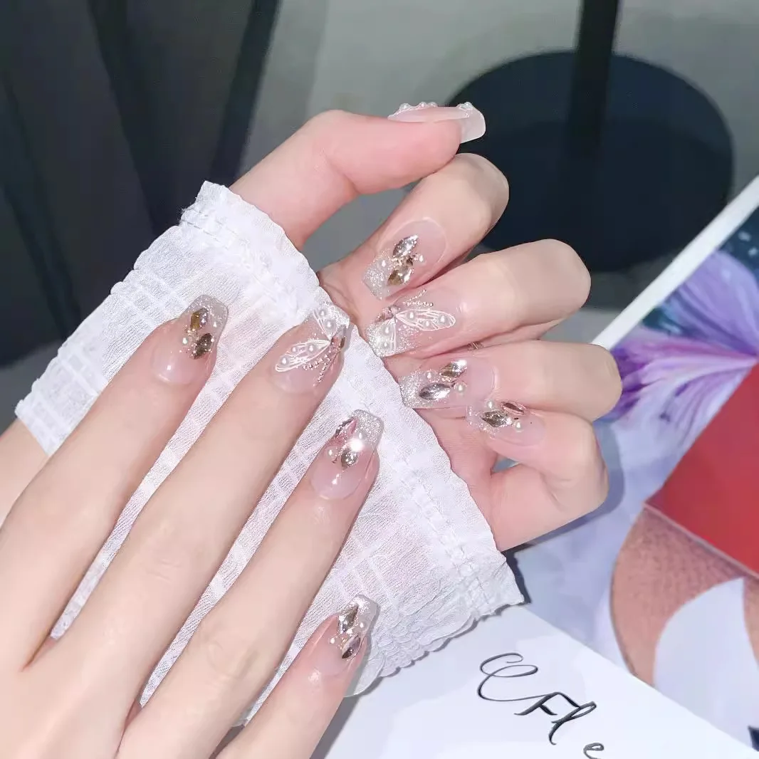 

10 шт., блестящий бант, пресс для ногтей ручной работы, блестящий телесный цвет с полным стразами, накладные ногти для женщин и девочек, съемные носимые ногти