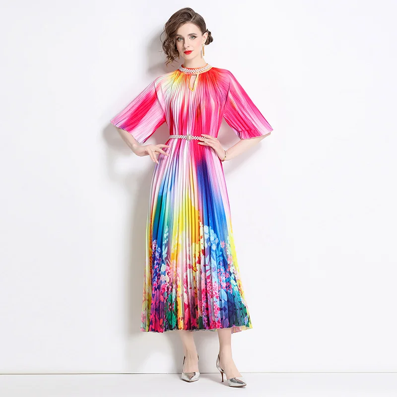 2024 High-end Beaded Positioning Printed Pleated Pearl Button Pleated Skirt Floral print dress