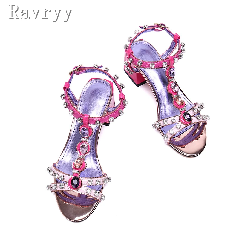 Luxury Rhinestones Women Sandals Designer Round Open Toe Thick Heels Buckle Strap Summer Shoes Fashion Party Wedding Shoes