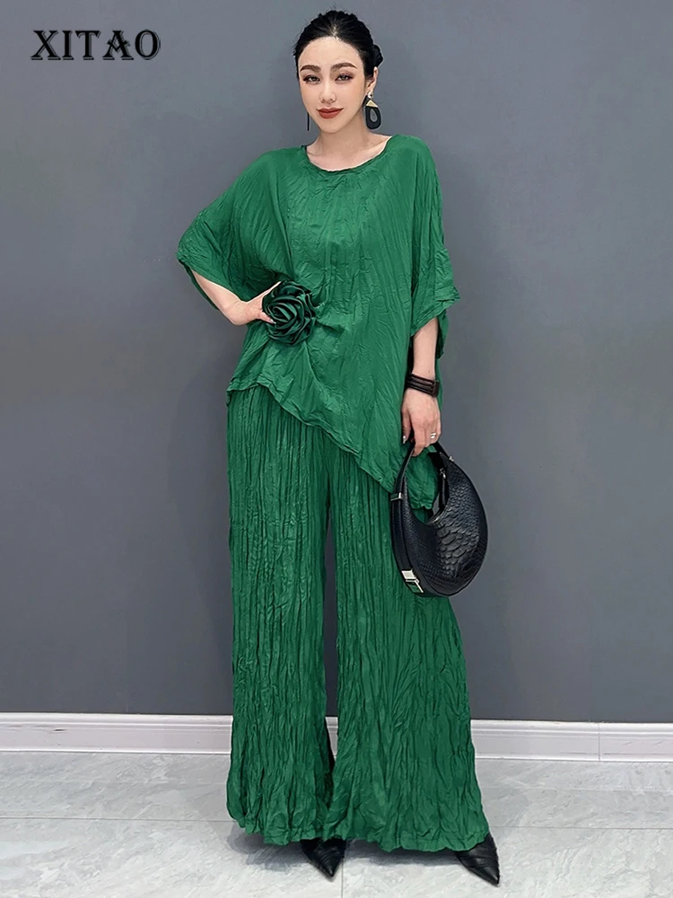 

XITAO Loose Folds Floret Two Piece Set Temperament All-match Top Women Summer New Casual Irregular Wide Leg Pants HQQ2358