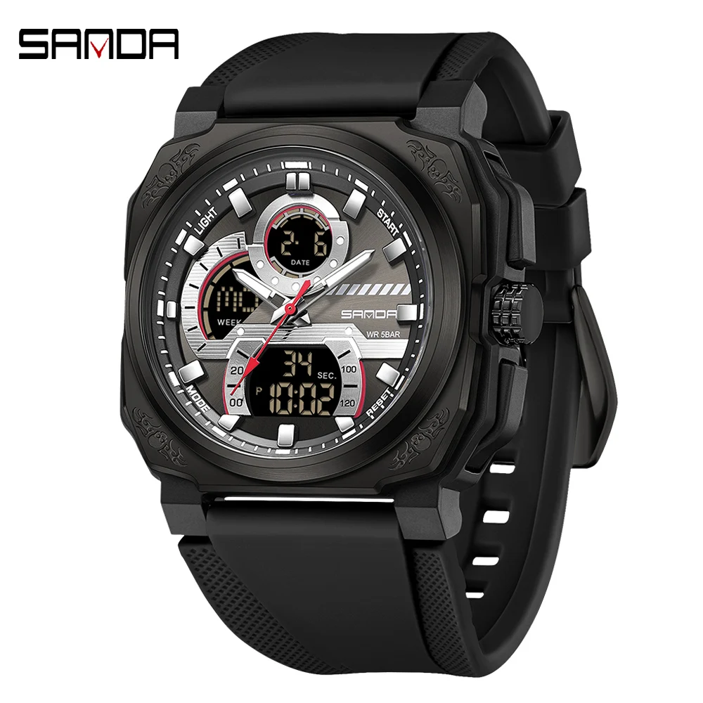 

SANDA 2024 New Military Digital Watches for Men Sports Chronograph WristWatch Waterproof Big Dial Quartz Clock Men's Wristwatch