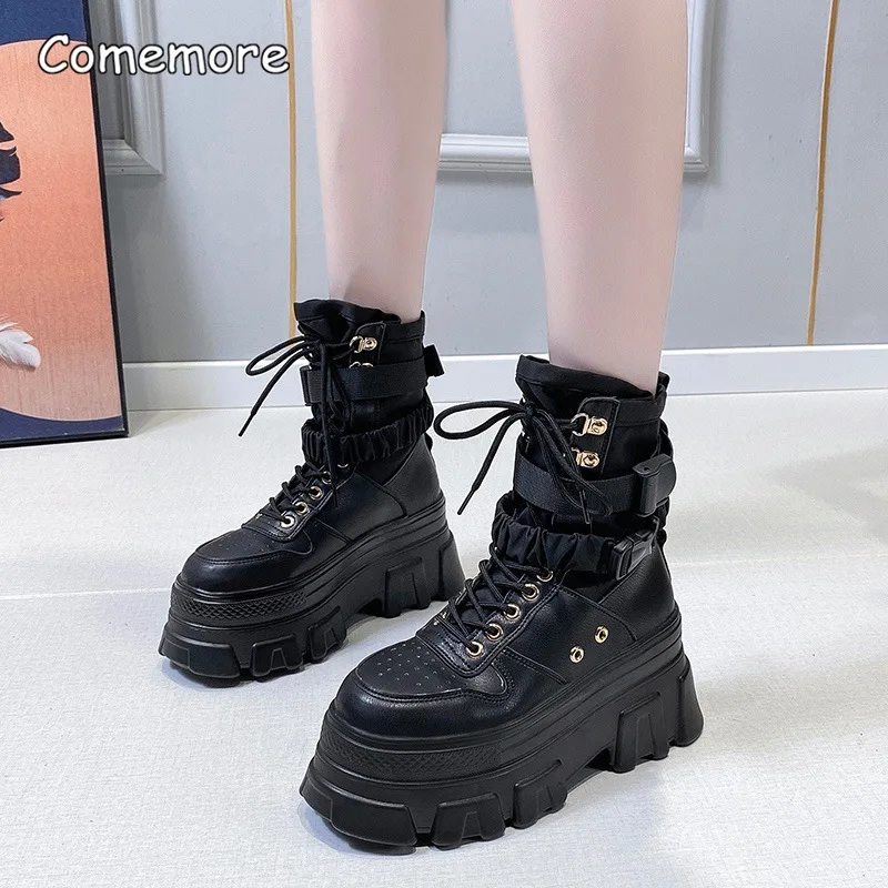 Fashion Women Autumn Winter Gothic Shoes Woman Thick Bottom Lace Up Ankle Punk Chunky Platform Motorcycle Boots Botas Mujer 34