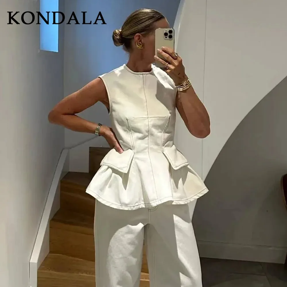 

KONDALA 2025 Spring Summer Casual Solid Women Tops Fashion Streetwear Solid Pockets Sleeveless Ladies Short Tops