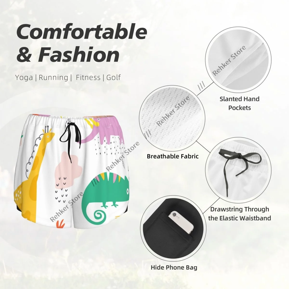 女性用アスレチックショーツ カラフルなエキゾチックな動物 ランニング ヨガ フィットネス 速乾性 バドミントン トレーニング ポケット付き