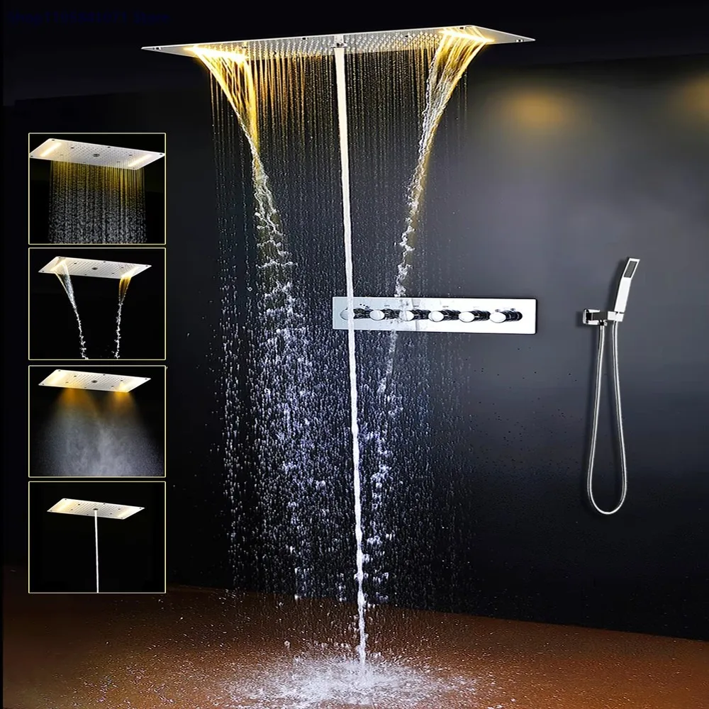 Thermostatic Shower System Ceiling LED Rainfall Waterfall Massage Large Shower Head Panel Embedded Installation Bathroom