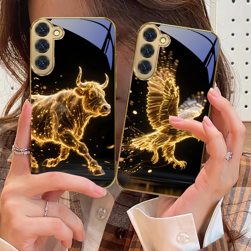 Golden Dragon Totem For Samsung Galaxy S20 FE S21 S22 S23 Plus S24 Ultra 25Ultra S21+ S9+ S22Plus Golden Glass Phone Case