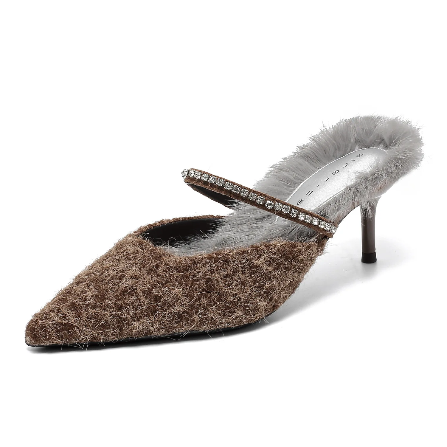 

Женские тапочки на высоком каблуке Bloomsteps, закрытый носок на тонком каблуке, плюшевые полутапочки, острый носок со стразами, пушистые одинарные туфли