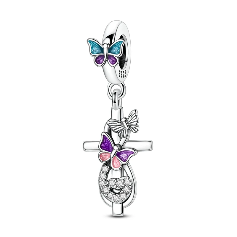 

925 Sterling Silver Charms Bead Zircon Butterfly Cross Dangle Fit Original Bracelet Women Jewelry Gift