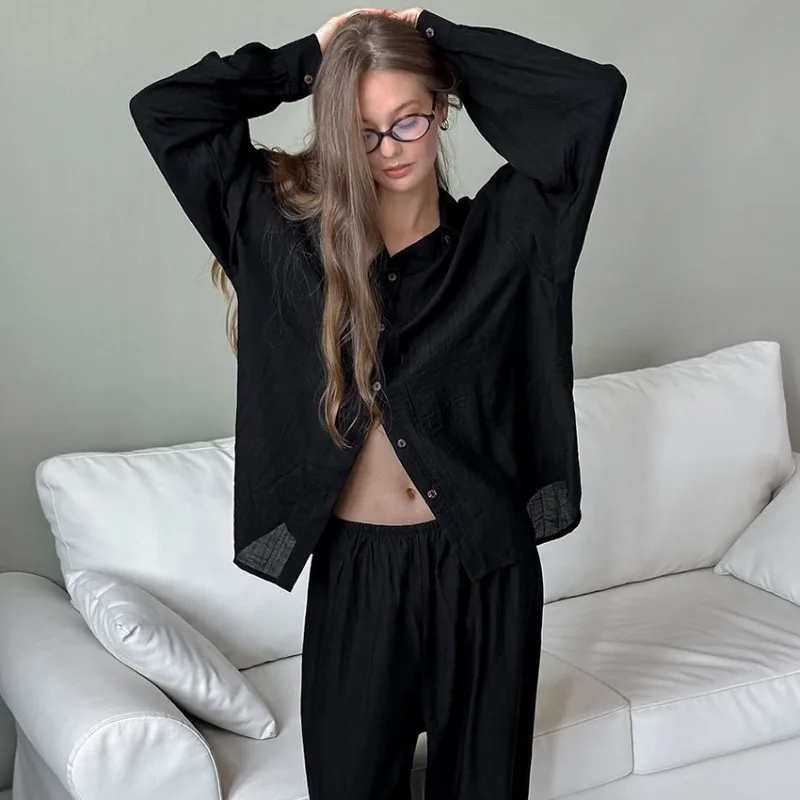 Women's Woven Pajama Set Loose Fitting Long Sleeves Trousers Autumn Winter Versatile Casual Loungewear Suitable Outdoor Wear