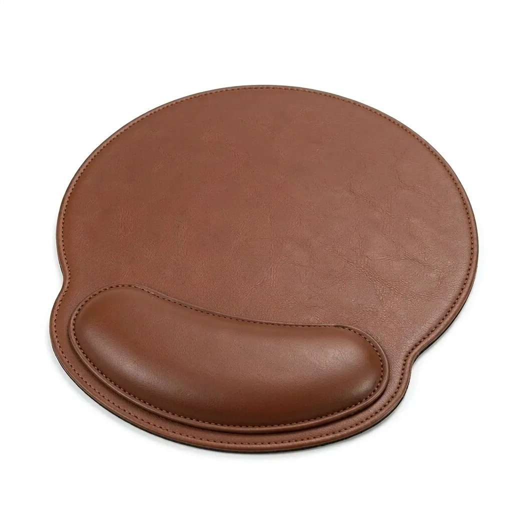 Ergonomic Mouse Pad with Wrist Rest Round PU Leather Mousepad Non-Slip Base with Mouse Storage Pouch for Office Home Gaming