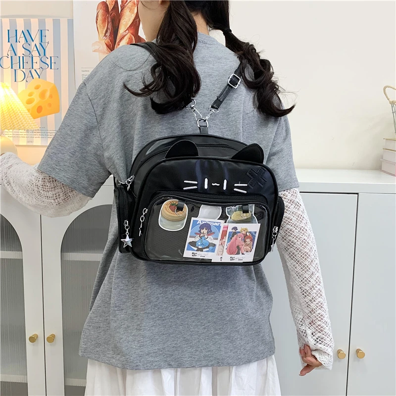 Cute Cat Ear Ita Bag Crossbody Sling Bag Clear PVC Window Display Pins Badges Collectibles Kawaii Cosplay Ldaies Daily Handbag