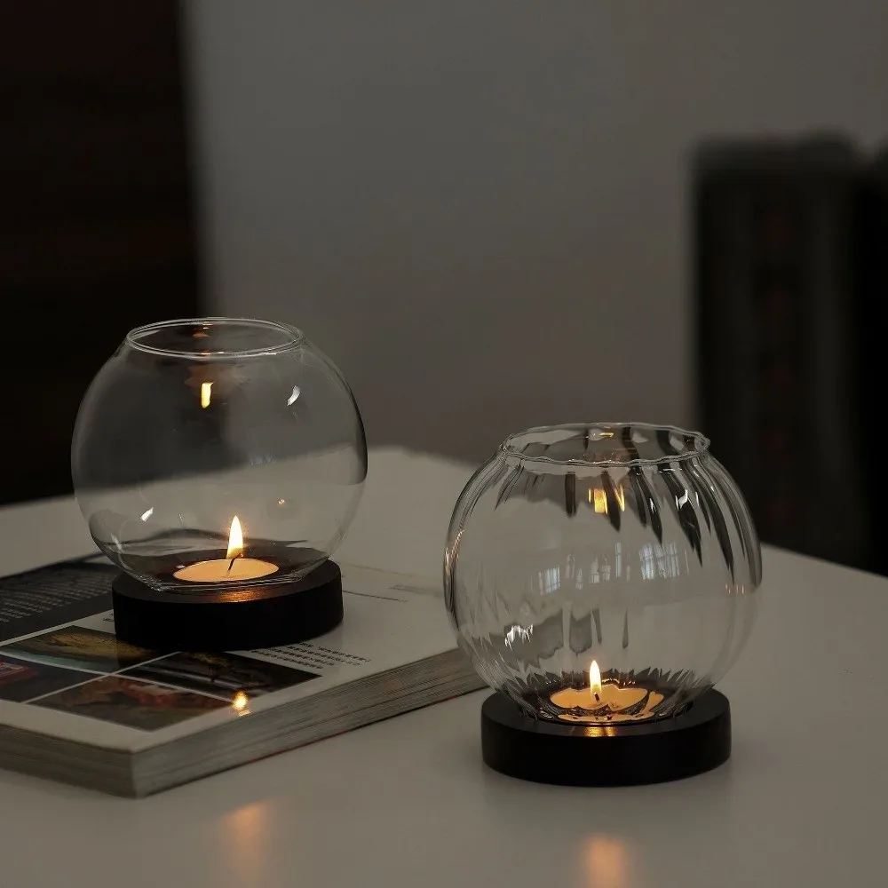 Ins Transparent Candle Holder Glass with Wooden Base Candlesticks Oil Lamp Shape Round Tealight Wedding Party
