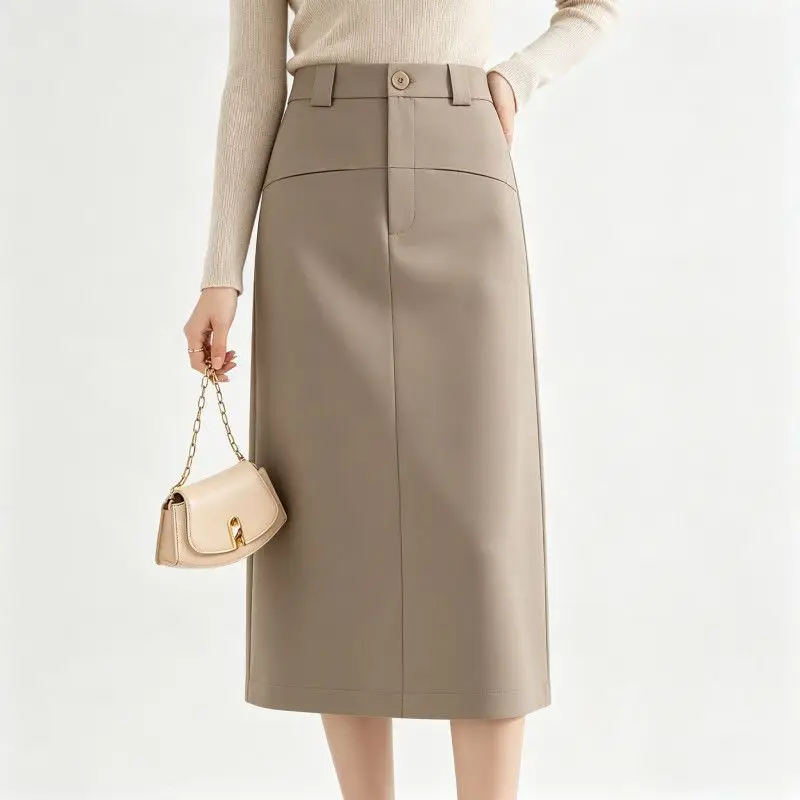 Khaki suit skirt women's summer 2026 new high-waisted fashion medium and long drape a-word hip skirt