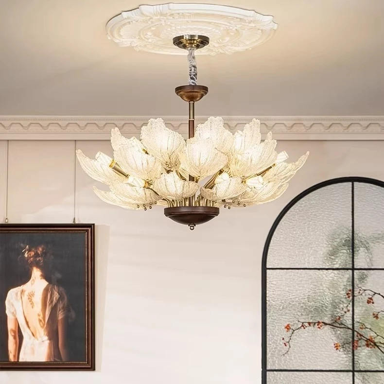 Mid-Century Modern 6-Light Chandelier with Walnut Accents Iron and Glass for Living Room Dining Room and Showroom Lighting