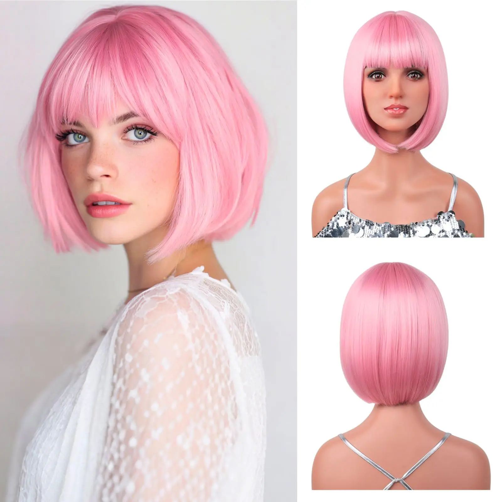 

Short bob pink synthetic wig for Halloween party cosplay role play, daily use high-temperature resistant hair wig cap
