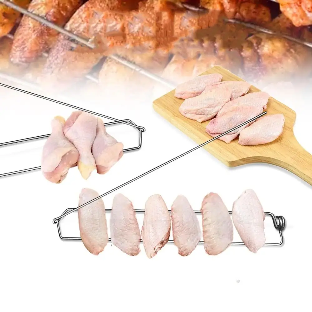 3pcs BBQ Grilling Tool Stainless Steel Chicken Wing Fork Rust-proof Professional Chicken Rails Clamping Flat Kabob Rack Picnic