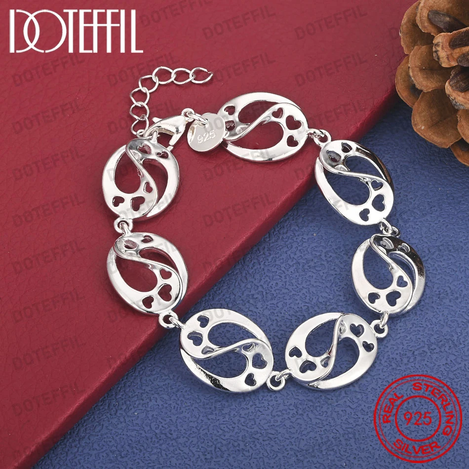 925 Sterling Silver 8-inch Exquisite Openwork Heart Oval Bracelet, Fashionable Women's Party Jewelry Accessories