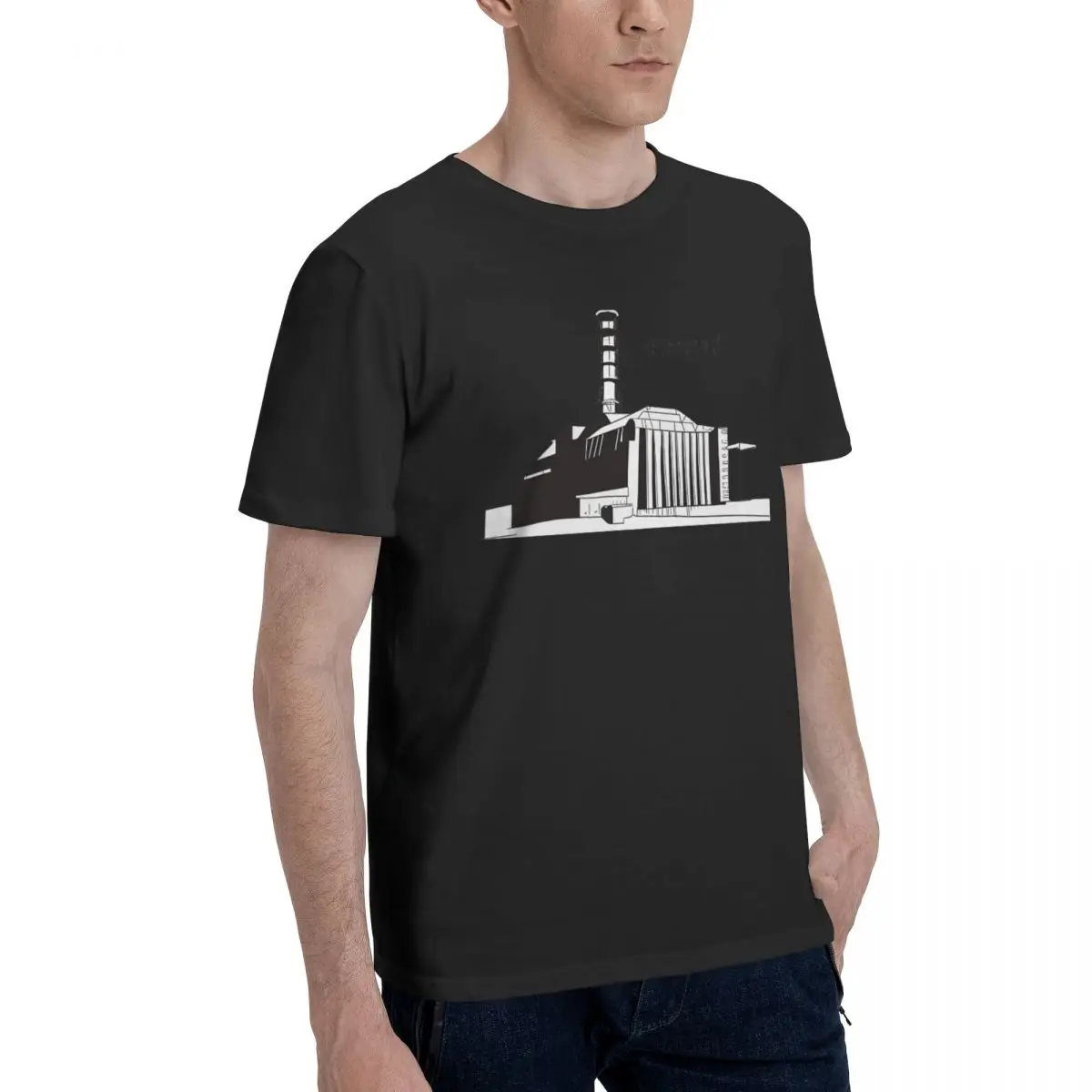 Men Digital Hand Drawn Sketch Illustration Of Silhouette Nuclear Power Plant With Title T Shirt Chernobyl Pure Cotton Clothes