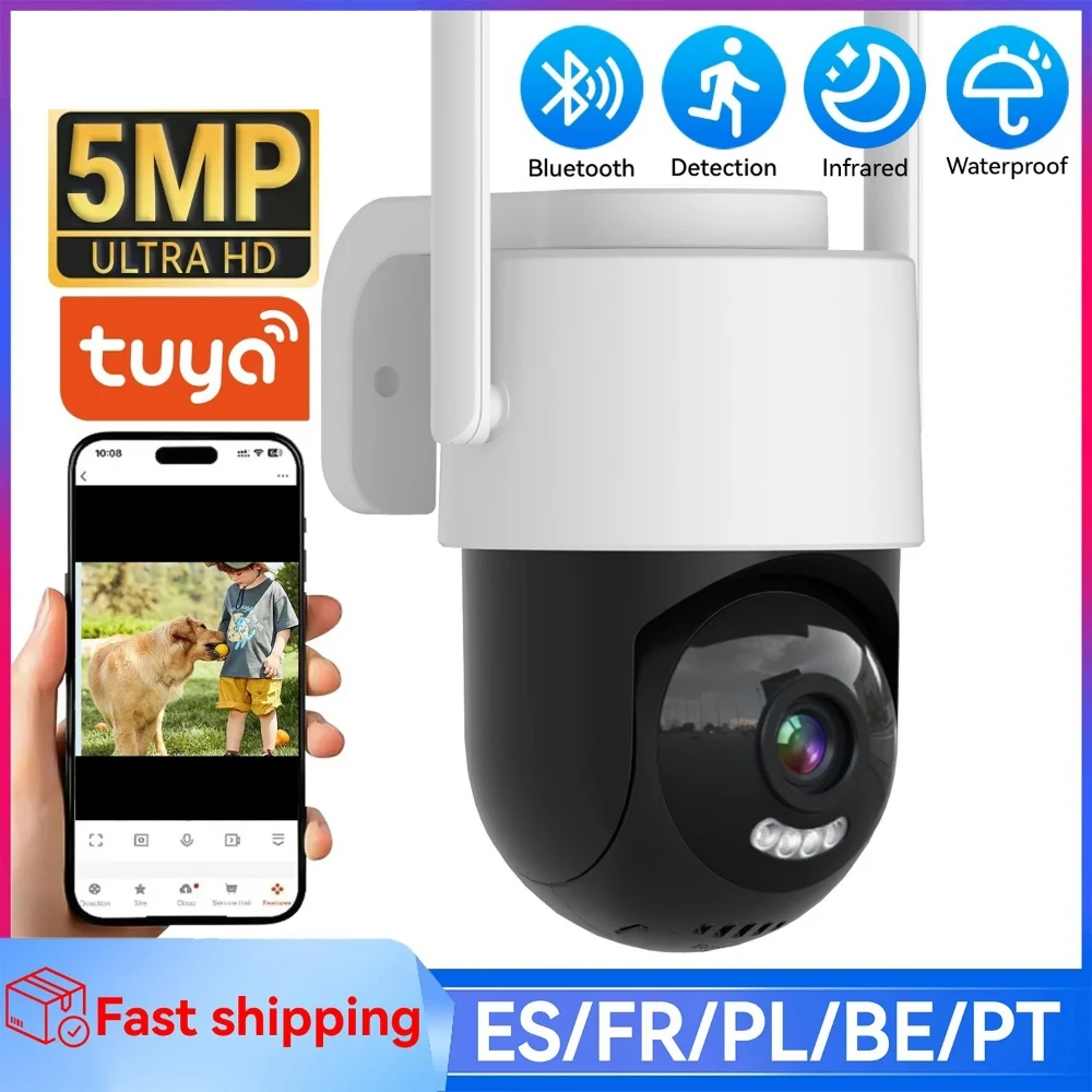 5MP Outdoor Security Camera PTZ WiFi  Auto Tracking Color Night Vision Two Way Audio 5MP Surveillance Cam Tuya APP