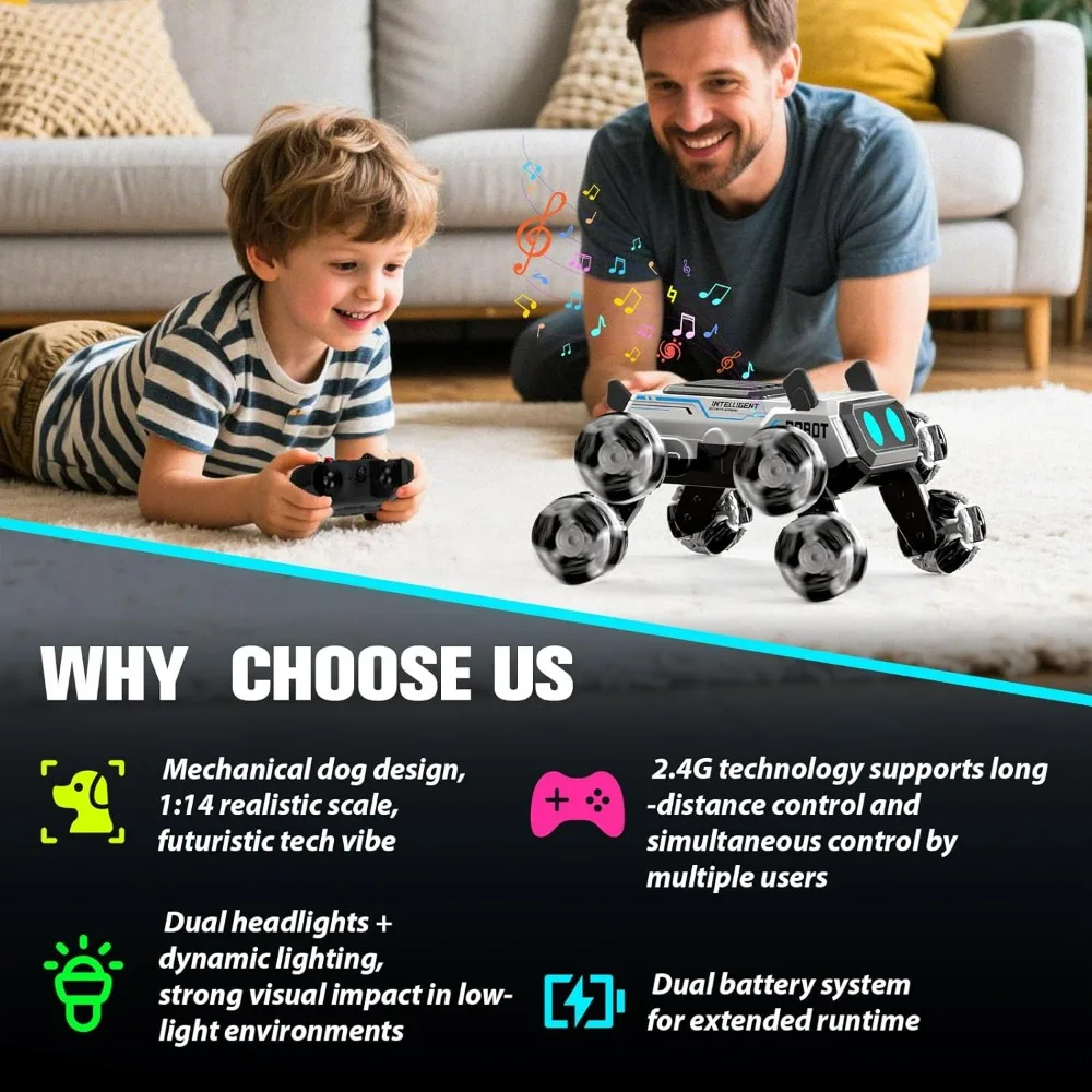 سيارة حيلة 3 في 1 بمستشعر للإيماءات مع ضوء وموسيقى، كلب روبوت ذو ثمانية عجلات للتحكم عن بعد، لعبة سيارة حيلة ذكية مزدوجة التحكم #6