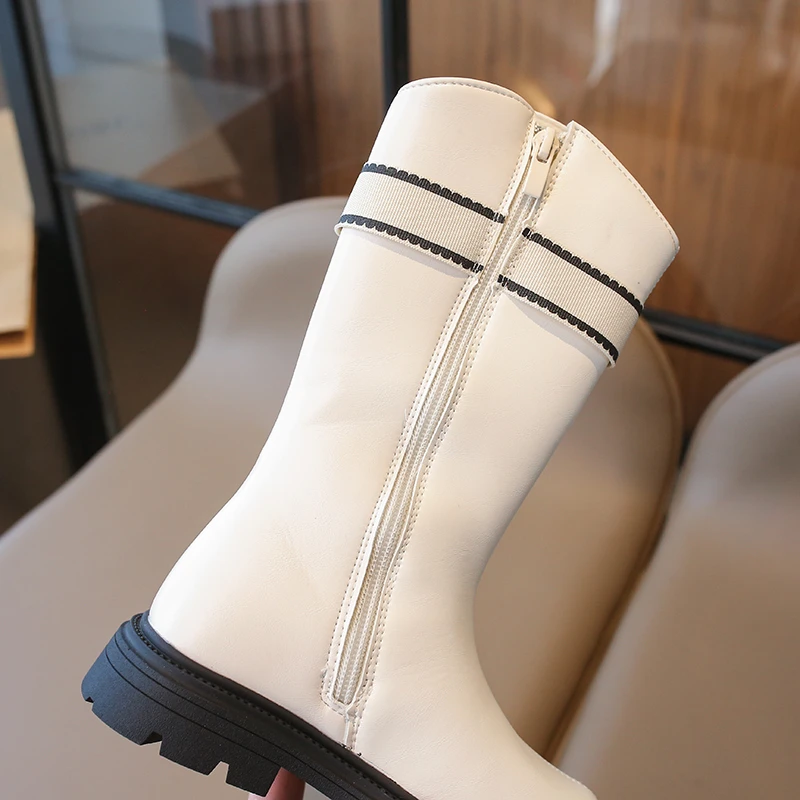 가을/겨울 지퍼 패션 쿨 부츠 아기 여자 따뜻한 사각 굽 둥근 앞코 캐주얼 약간 벨벳 편안한 키즈 블랙 미드 부츠