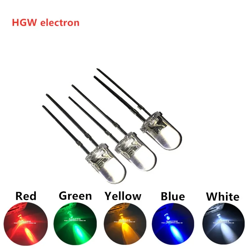 100pcs Transparent Round 5mm Assorted Kit super bright water clear Green Red white Yellow Blue Light LED bulbs emitting diode F5