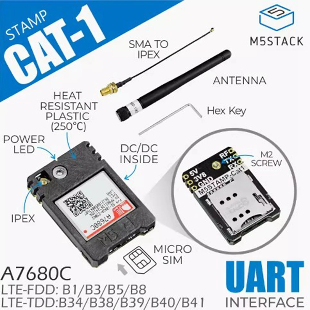 Módulo de comunicación de datos M5Stack STAMP CAT1, módulo de SIM-A7680C, LTE-TDD