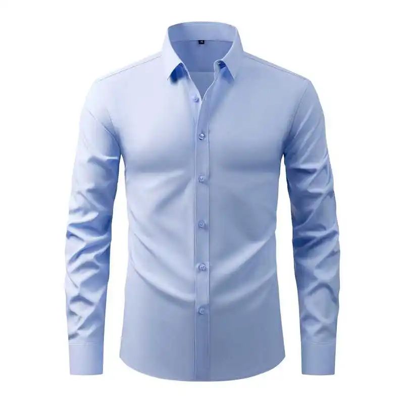 European Style Stretch Fabric White Mens Long Sleeve Dress Shirt Non Iron Wrinkle Resistant Lightweight Business Formal Slim Fit
