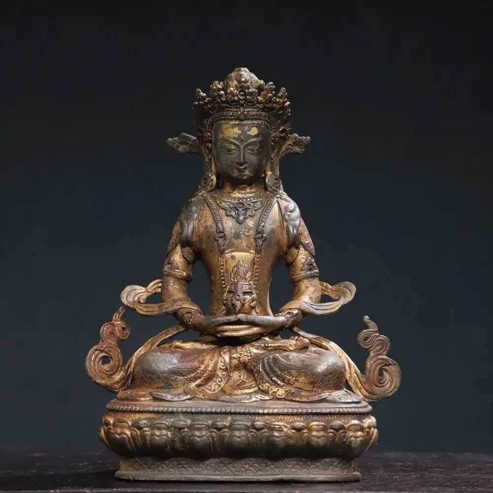 

8.7"antique Tibetan Buddhism Temple Bronze Gilt Amitabha Longevity Buddha Statue for Decorative Display Collectible