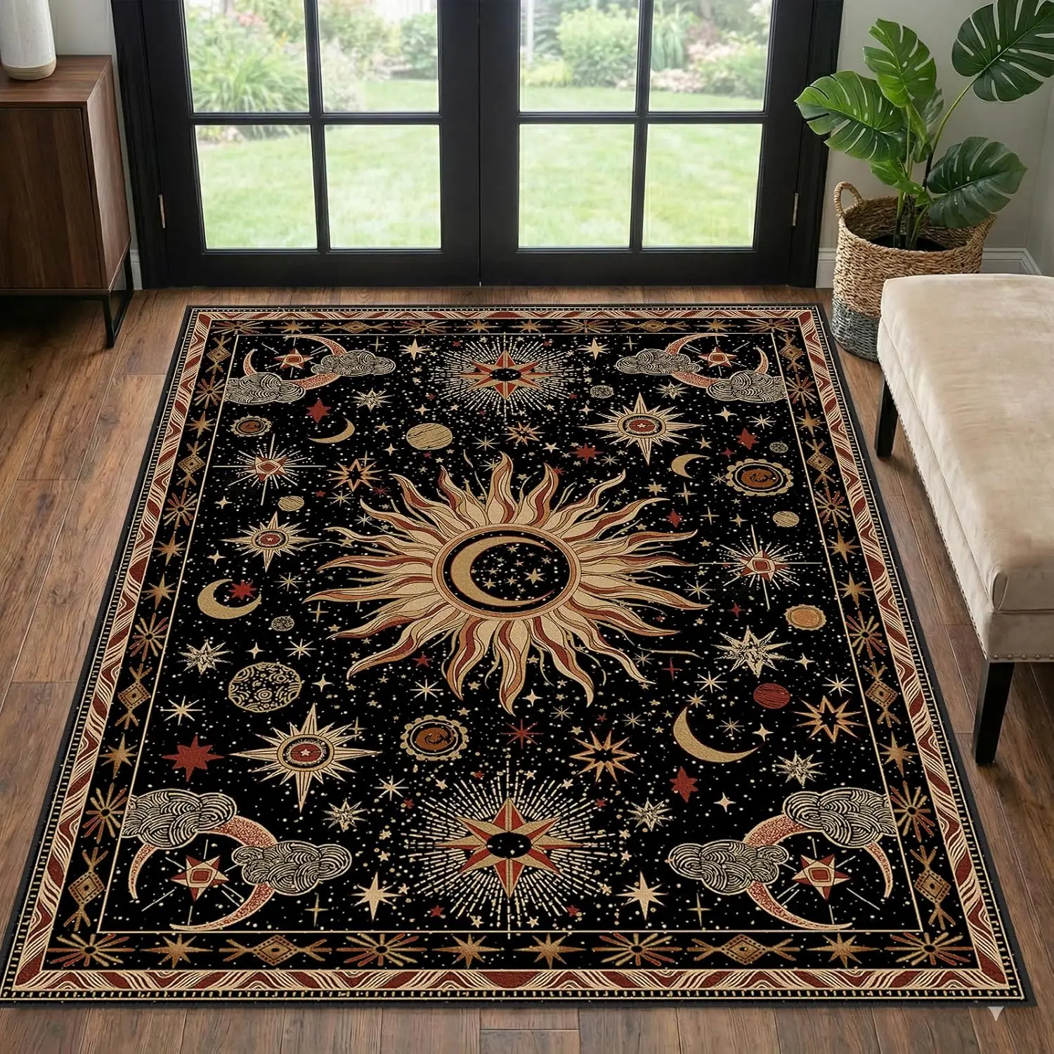 3x5 Area Rugs Washable Vacuum-Friendly Non-Slip Rug Vintage Boho Gothic Sun Moon Printed Pattern Low Pile Carpet for Living Room