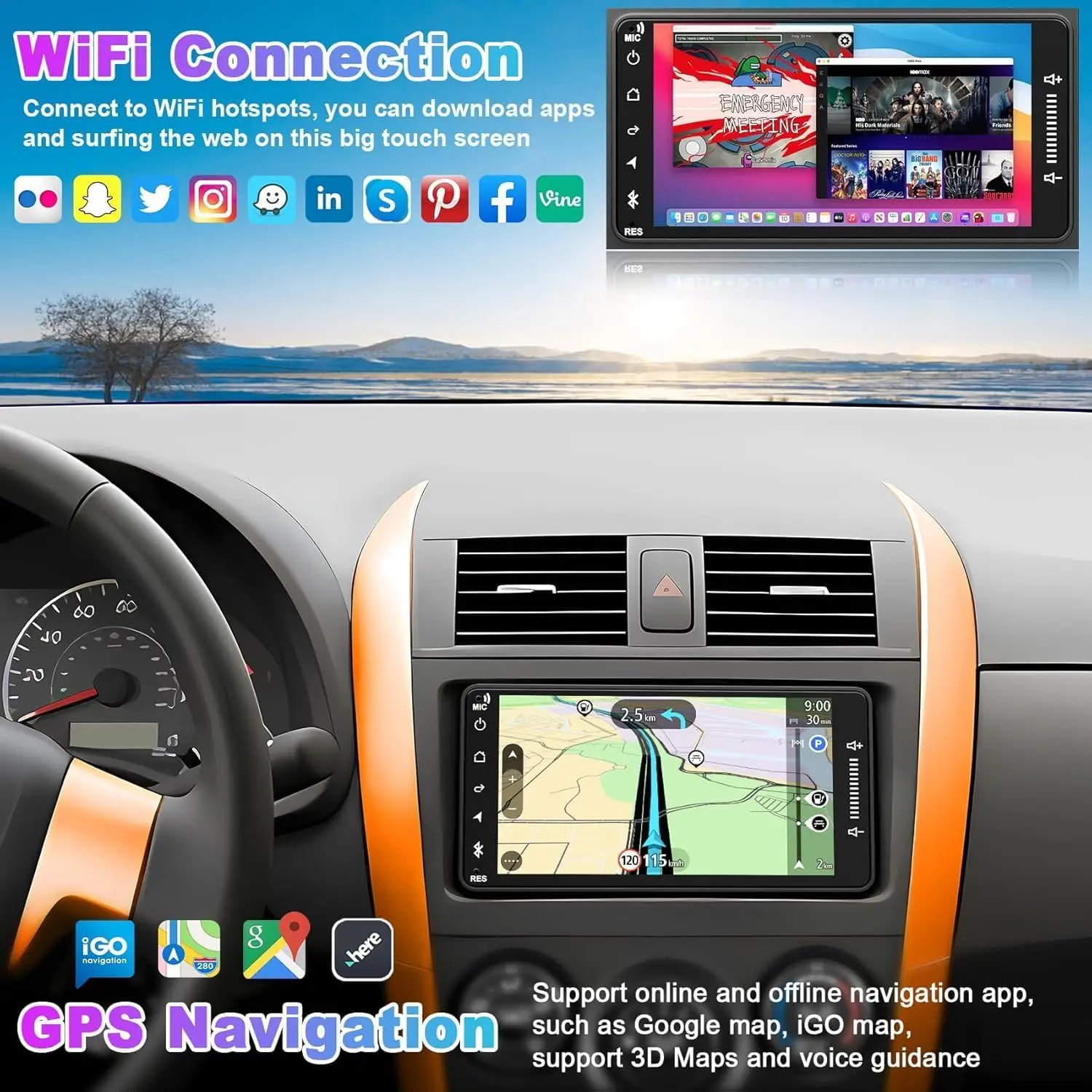 راديو سيارة لسيارة Toyota 4Runner 2003-2009، Tundra، RAV4، هايلاندر - شاشة لمس 7 بوصات، CarPlay وAndroid Auto، Android 13، 4GB+64GB #4