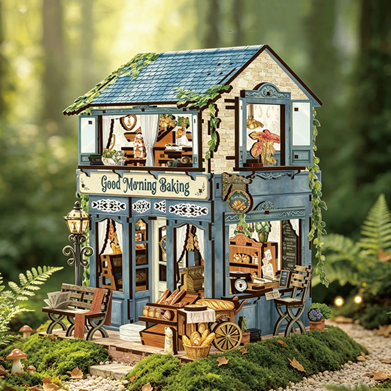 DIY Wooden Bakery Cabin Cottage Miniature Model Kits With Furniture Casa Dollhouse for Friends Christmas Gifts