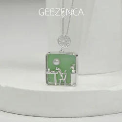 GEEZENCA 925 Sterling Silver Green Black Glass Square Pearl Cat Life Necklace Pendants Without Chain Women 2024 New Party Gift