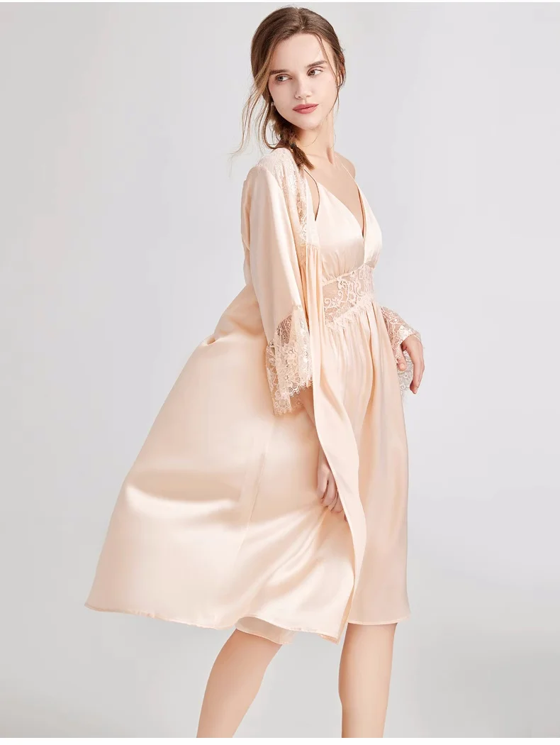 Sexy 19MM Silk Robes Night Dress 2pcs Set Champagne Pyjama Pour Femme Romantic Lingeries 100% Pure Silk Lace Women Nightgown