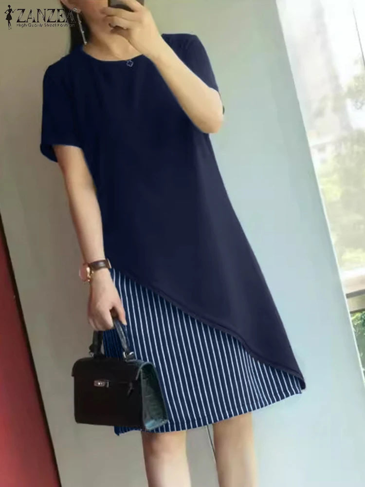 

ZANZEA Elegant Stripes Patchwork Short Robe Korean Fashion Midi Dress Women 2024 Summer Round Neck Short Sleeve Vestido Oversize