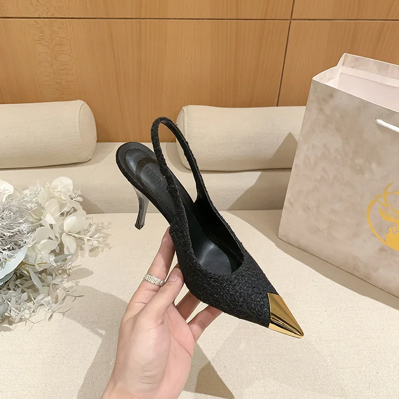 2022 Spring New Metal Black Shallow Mouth Stiletto Strap Women\'s Sandals Women\'s Sexy All-match High-quality High-heeled Shoes