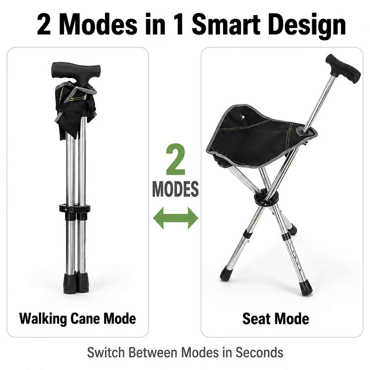 Folding Cane Seat 2-in-1 Walking Stick Stainless Steel Adjustable Height Tripod Stool  Elderly Hiking Travel Outdoor Rest Chair