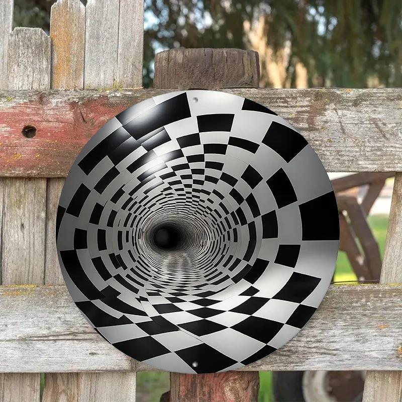 CIFBUY Modern Geometric Optical Illusion Black White Checkered Tunnel Aluminum Wall Art, Waterproof Durable Metal Sign for Home