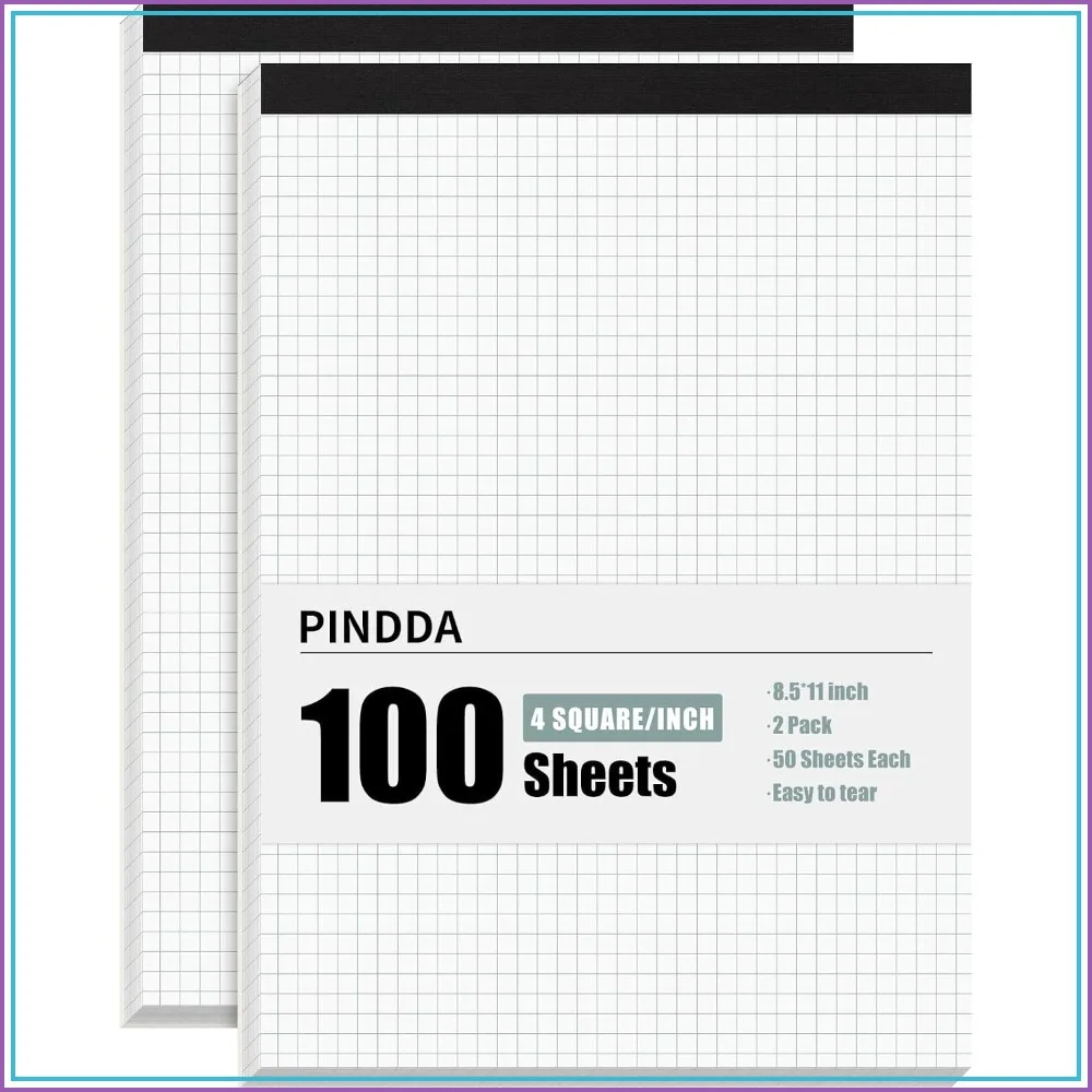 Graph Paper Notebook 8.5x11, 4x4 Grid, 50 Sheets, Perforated, Sturdy Back, for Math & Drawing