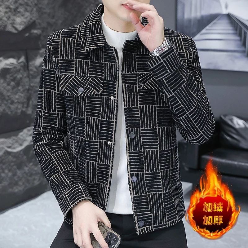 

2023 Winter Plaid Wool Blends Jackets Men Slim Fit Casual Business Woolen Trench Coat Social Streetwear Overcoat Men Clothing