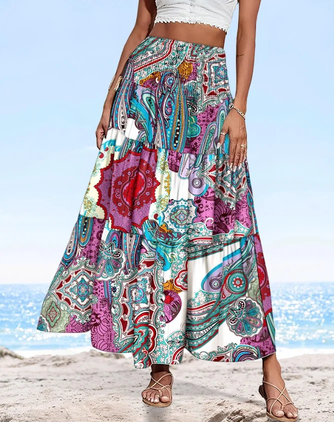 

Tribal Pattern Printed Long Pleated Skirt, Elegant High Waisted A-Line Long Skirt, Women's Summer Elegant Casual Half Skirt