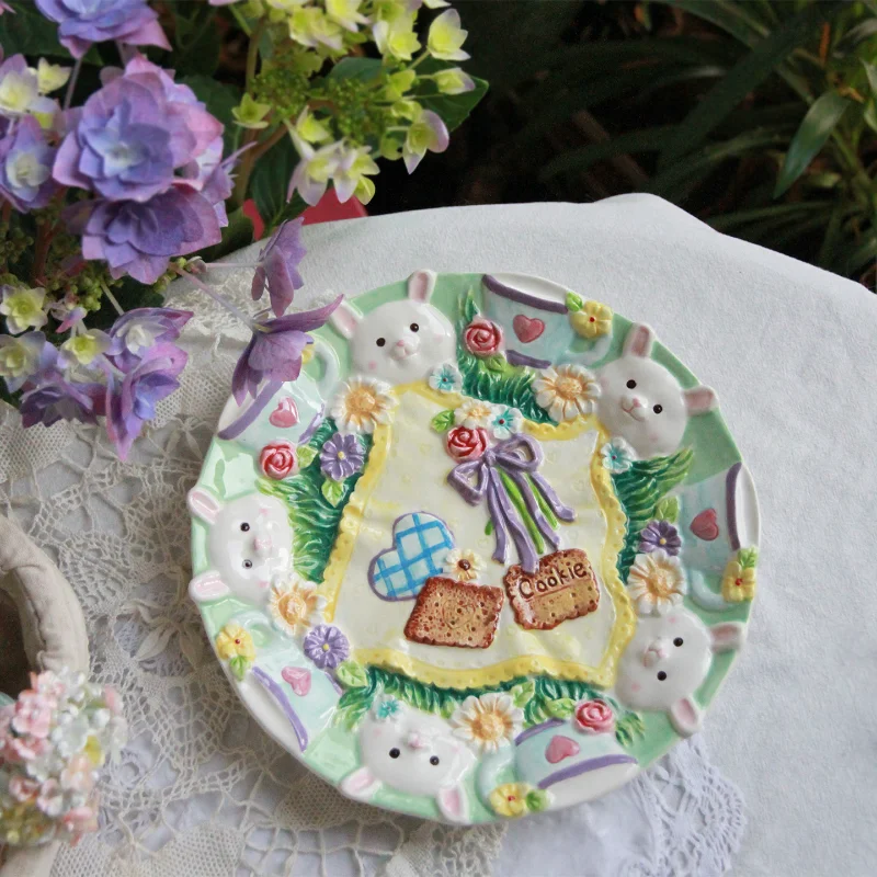 Vintage cute handmade underglaze rabbit ceramic relief afternoon tea tray dessert tray jewelry tray
