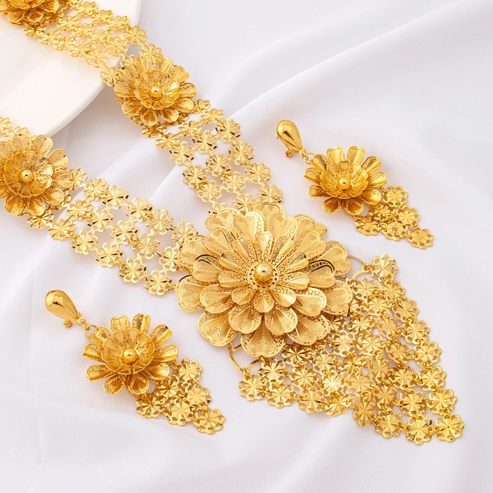 Goldene Quastenblume, vergoldete große Halskette im orientalischen Stil, Creolen, ethnische Schmuckaccessoires, Brautgeschenke für Hochzeiten – Detail 2