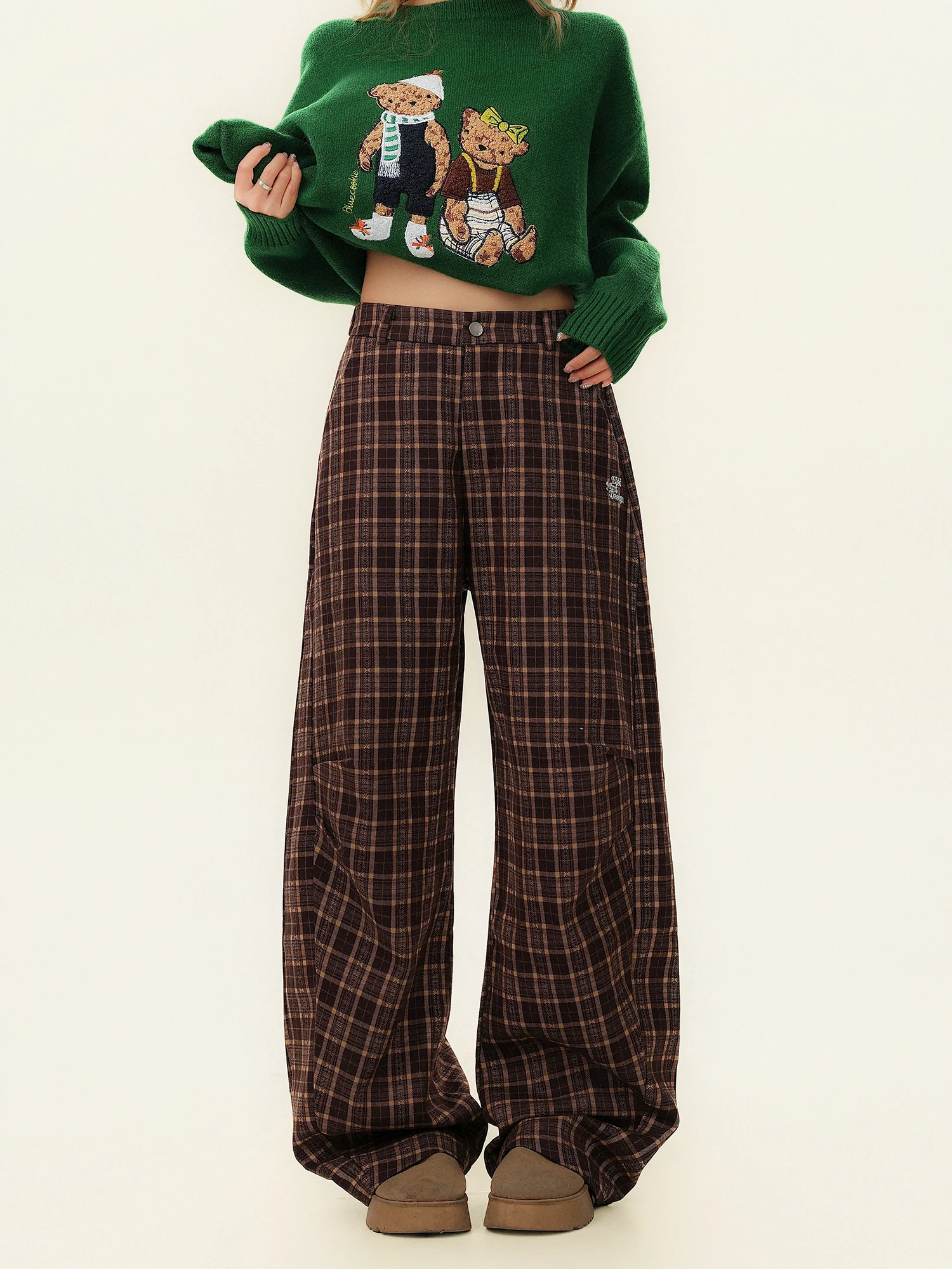 

Red Plaid Straight Leg Casual Pants Women's Autumn Winter Pleated Design Loose Wide Leg Pants Vintage Sle Polyester Fiber