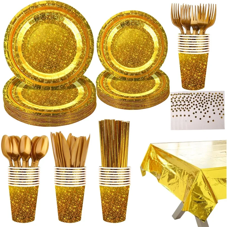 

Sparkling Star Patterned Disposable Tableware Set 201 Pieces with Gold Tablecloths Cutlery Napkins Cups Straws and Plates for E