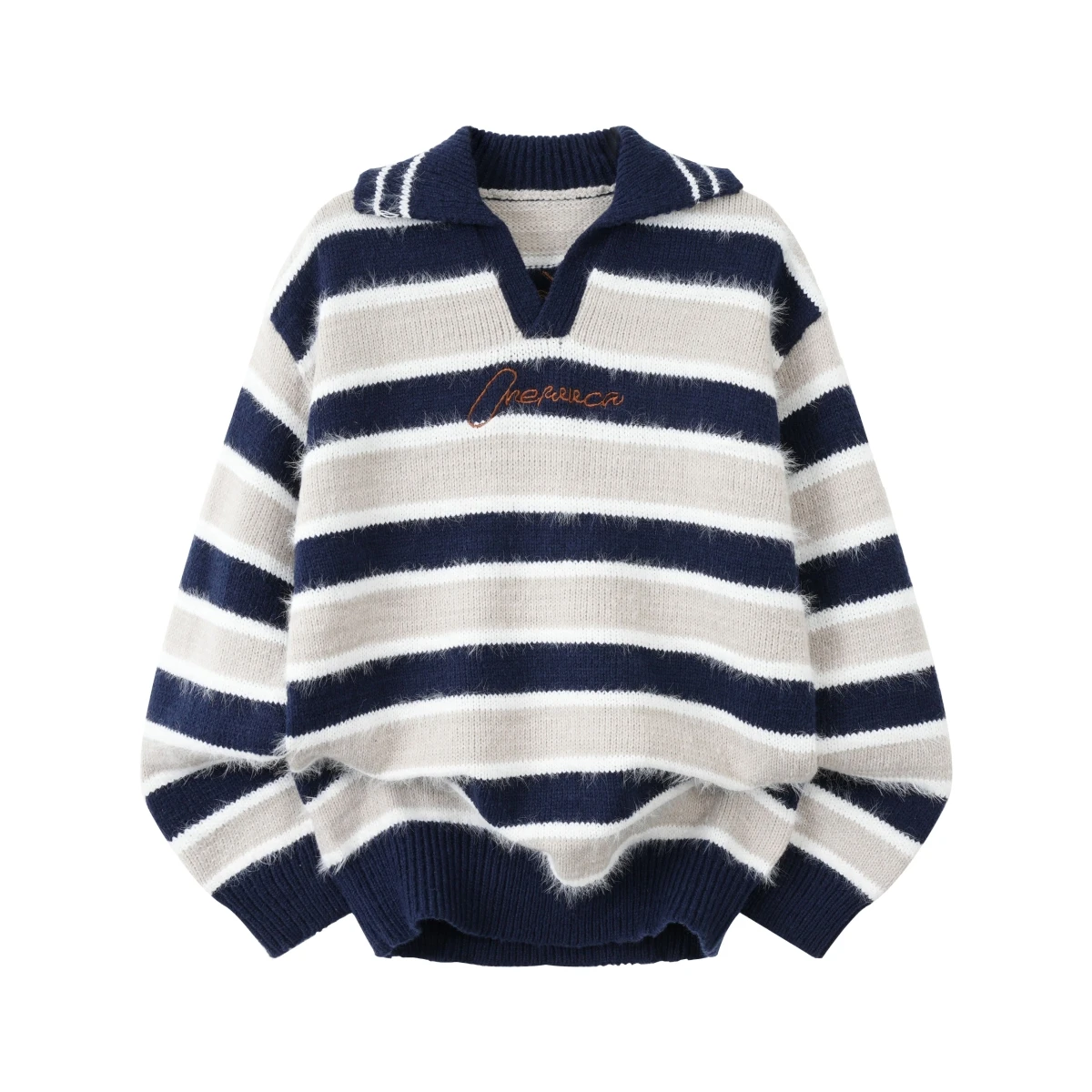 

Autumn Winter American Retro Loose High Street Striped Color Blo V Ne Knitted Sweater Men's Faion Loose Fit Crew Ne