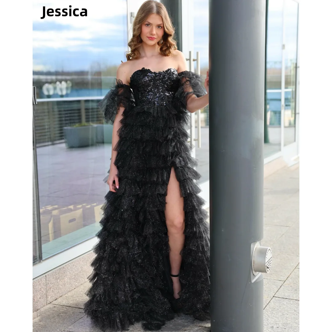 Jessica Black Wedding Dress Sequined Glitter Tulle Multi-layer Prom Dresses Princess Strapless Side SlitBespoke Occasion Dresses