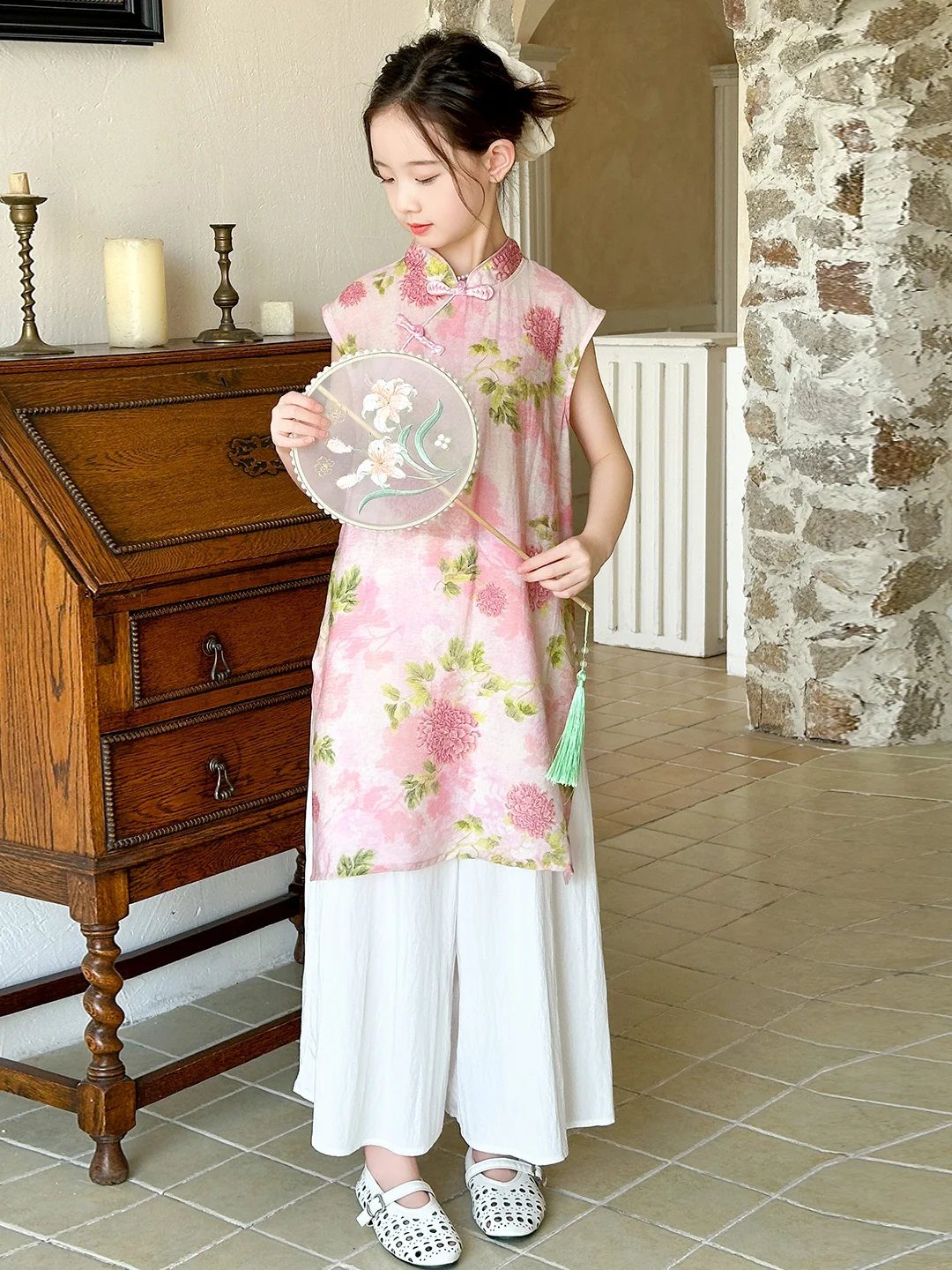 

Традиционный китайский комплект из двух предметов для девочек, летние широкие брюки Dr для детей 5–4 лет