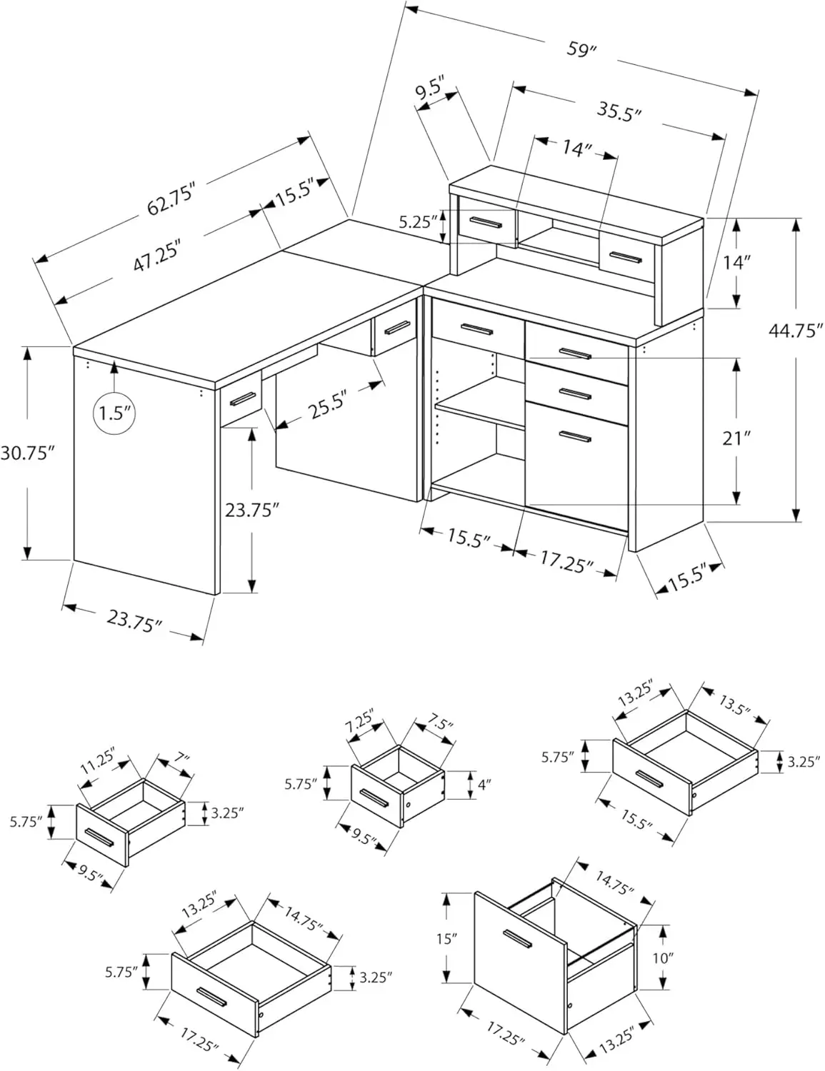 Scrivania per Computer a forma di L-Set- Up-destra-scrivania ad angolo con Hutch 60 "" L (nero-grigio Top)